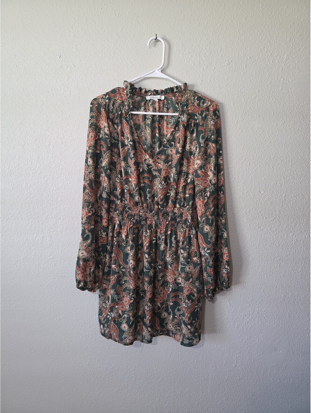 Women's Green Paisley Print Long Sleeve Mini Dress